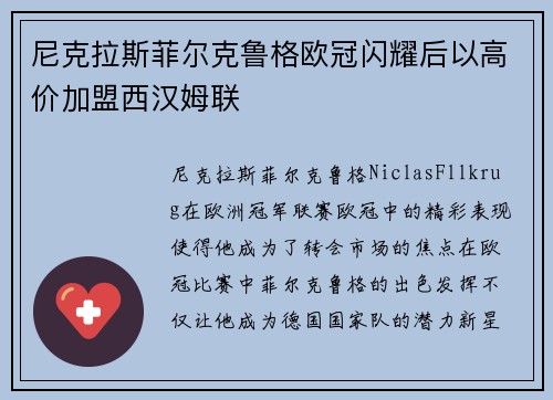 尼克拉斯菲尔克鲁格欧冠闪耀后以高价加盟西汉姆联
