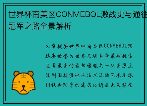 世界杯南美区CONMEBOL激战史与通往冠军之路全景解析 世界杯南美区CONMEBOL激战史与通往冠军之路全景解析
