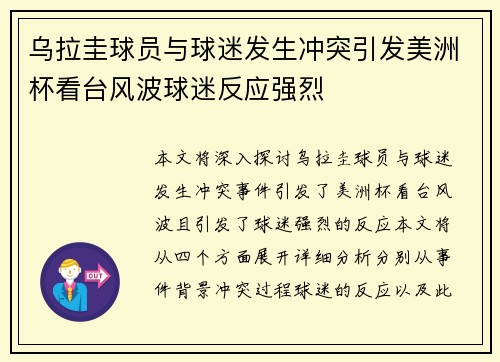 乌拉圭球员与球迷发生冲突引发美洲杯看台风波球迷反应强烈 乌拉圭球员与球迷发生冲突引发美洲杯看台风波球迷反应强烈